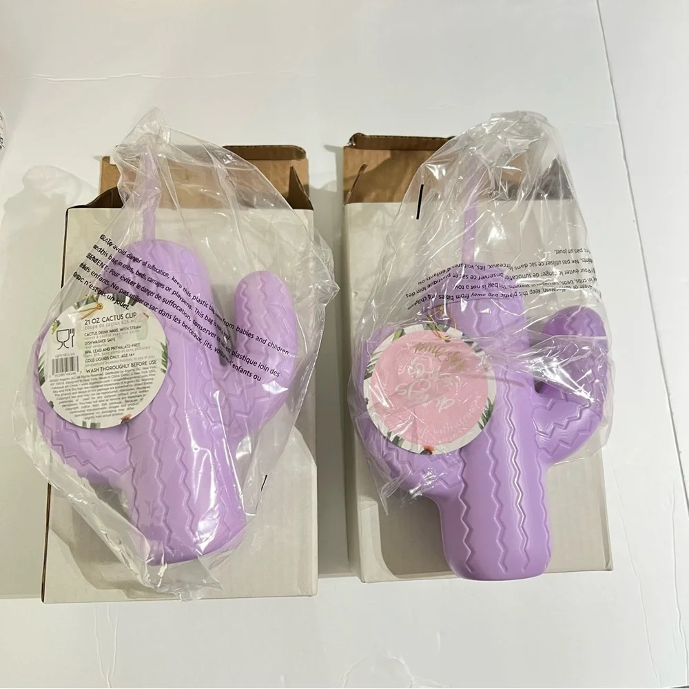 Pink‎ Sky Purple Cactus Cup Set of 2 with Straws 21oz Novelty Drinkware NEW